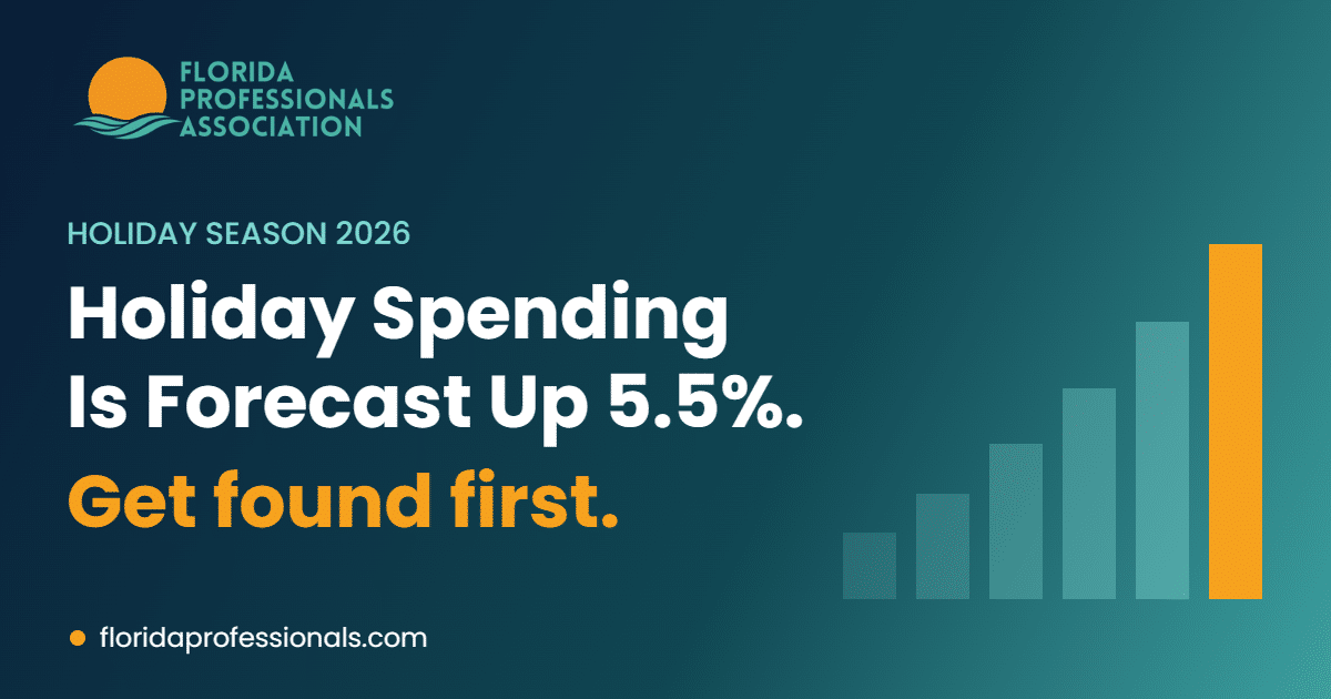 Florida Professionals Association graphic: Holiday spending is forecast up 5.5%. Get found first.